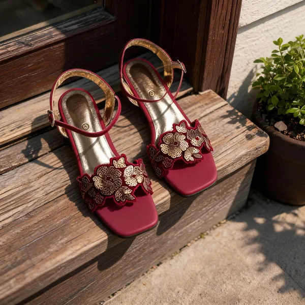Burgundy_Fabric_Embroidered_Flat_Sandals_For_Women