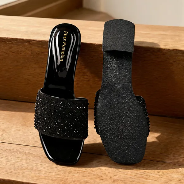 Black_Fabric_Bead_Embellished_Flat_Slide_Sandals_For_Women