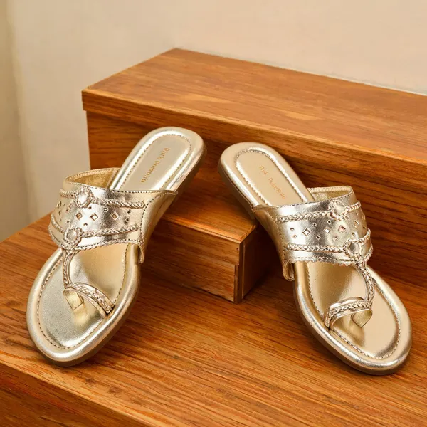 Gold_Pu_Cutwork_Embellished_Slip-On_Sandals_For_Women