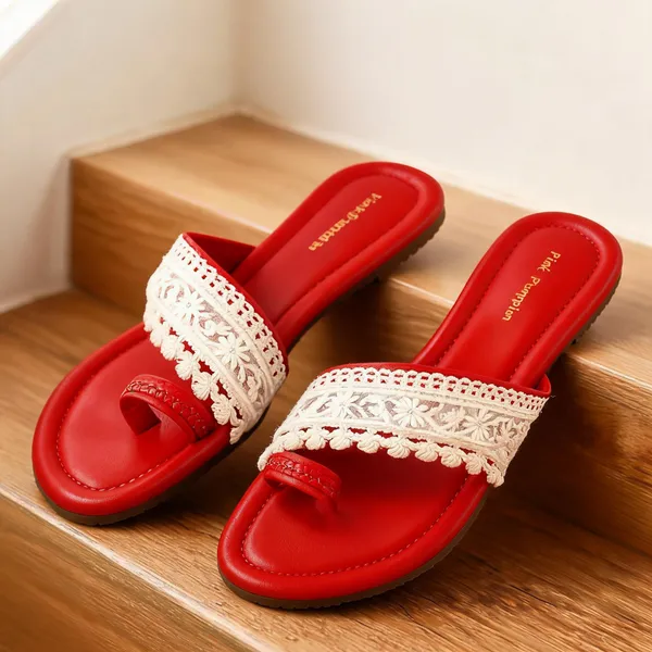 Red_Fabric_Embroidered_Flat_Sandals_For_Women