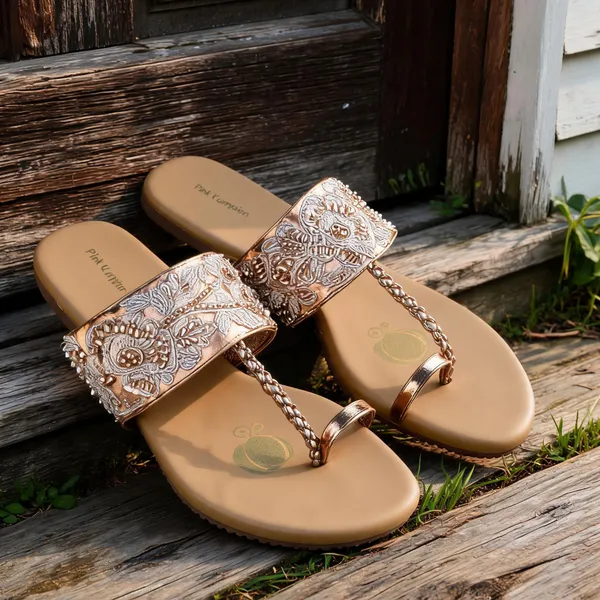 Tan_Fabric_Paisley_Embellished_Flat_Sandals_For_Women