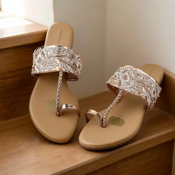 Tan_Fabric_Paisley_Embellished_Flat_Sandals_For_Women