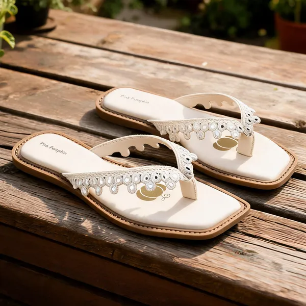 Cream_Fabric_Lace_Embellished_Flat_Sandals_For_Women