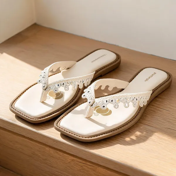 Cream_Fabric_Lace_Embellished_Flat_Sandals_For_Women
