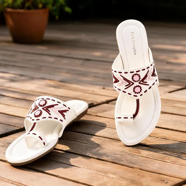 White_Fabric_Embellished_Flat_Sandals_For_Women