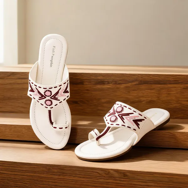 White_Fabric_Embellished_Flat_Sandals_For_Women