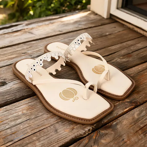 Cream_Fabric_Floral_Embellished_Flat_Sandals_For_Women