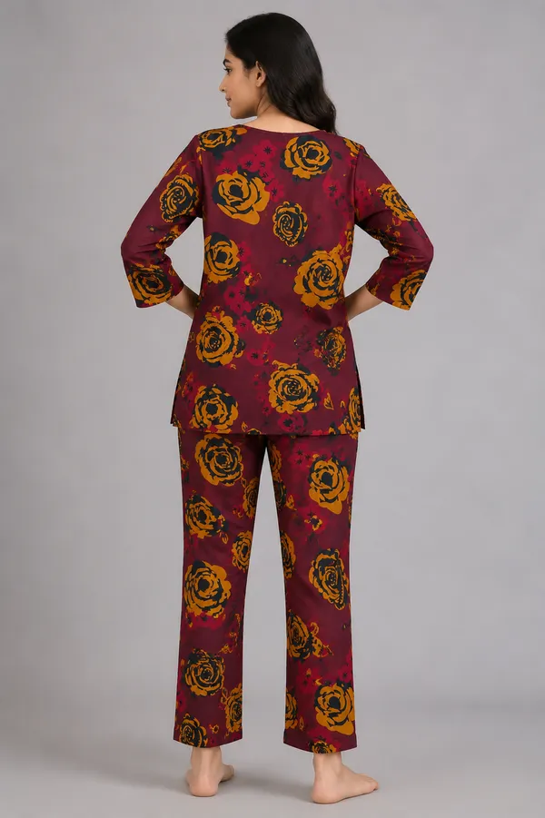 Ayush_Textiles_Women_Night_Suit_Set_Maroon_Floral_Print