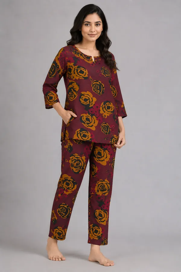 Ayush_Textiles_Women_Night_Suit_Set_Maroon_Floral_Print
