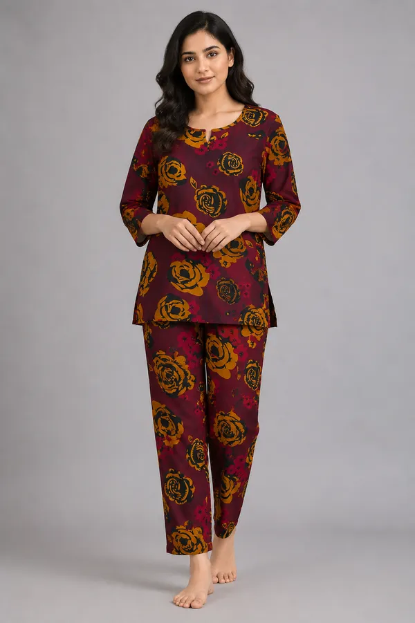 Ayush_Textiles_Women_Night_Suit_Set_Maroon_Floral_Print