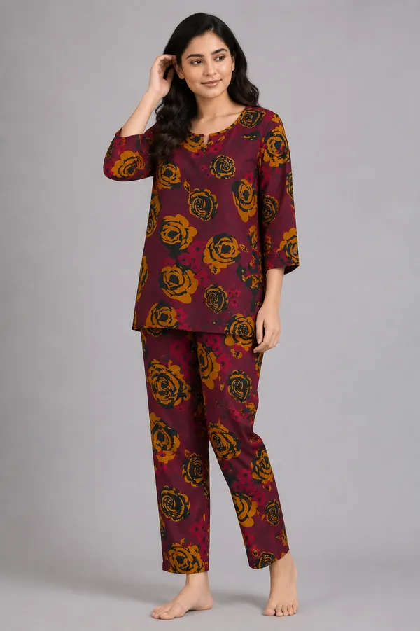 Ayush_Textiles_Women_Night_Suit_Set_Maroon_Floral_Print