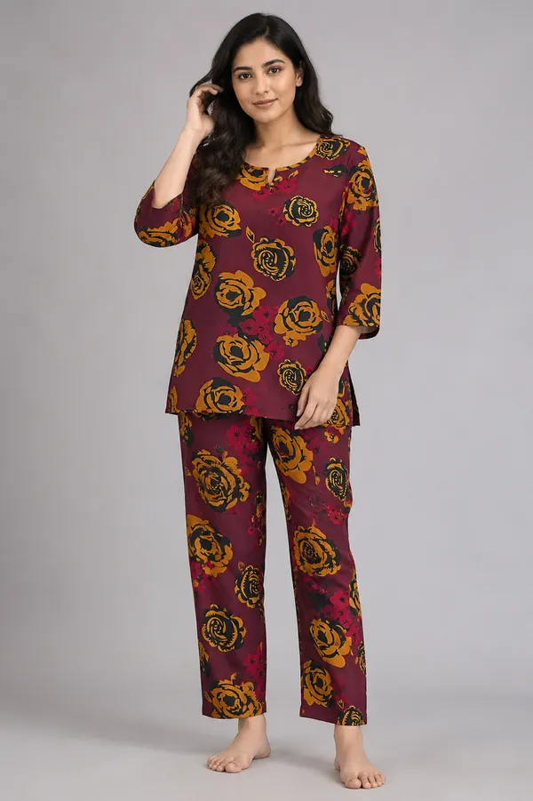 Ayush_Textiles_Women_Night_Suit_Set_Maroon_Floral_Print