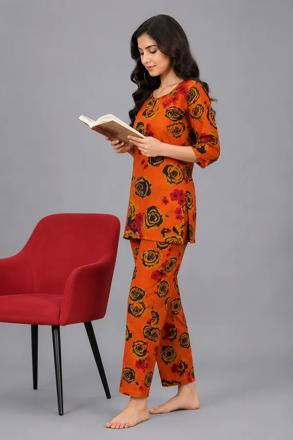 Ayush_Textiles_Women_Night_Suit_Set_Orange_Floral_Print