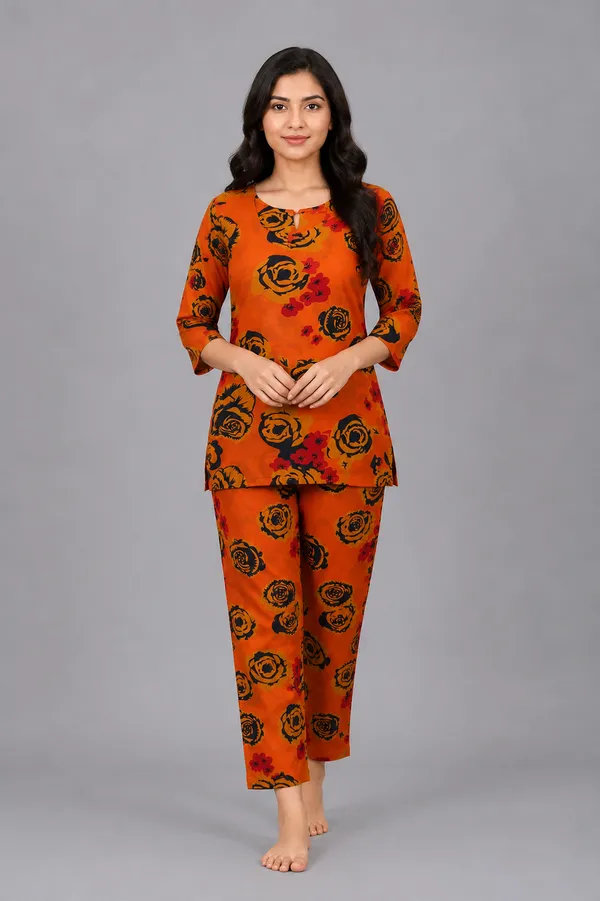 Ayush_Textiles_Women_Night_Suit_Set_Orange_Floral_Print