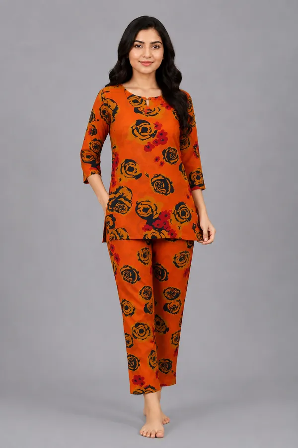 Ayush_Textiles_Women_Night_Suit_Set_Orange_Floral_Print