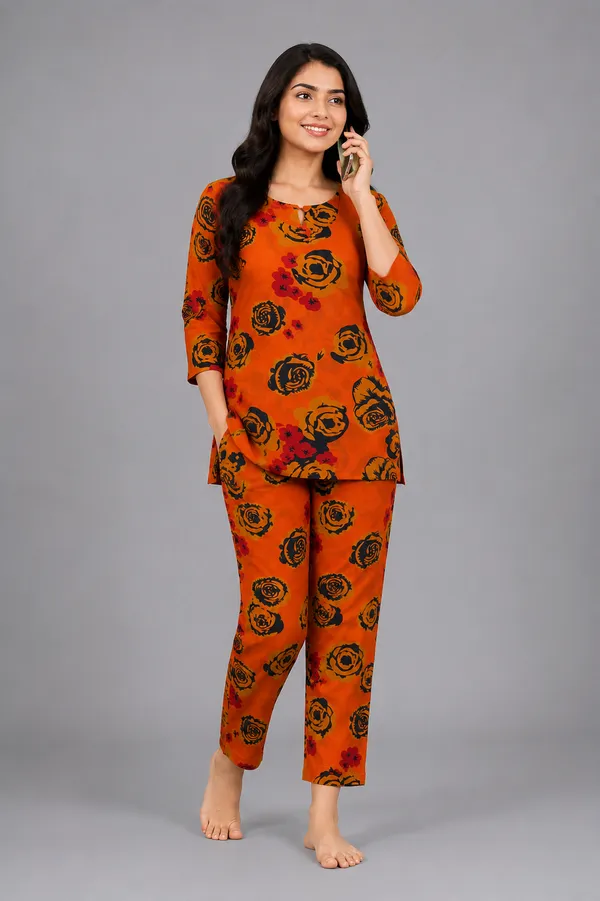 Ayush_Textiles_Women_Night_Suit_Set_Orange_Floral_Print
