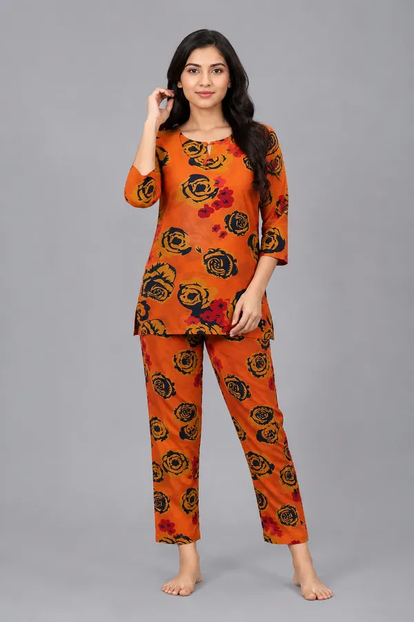 Ayush_Textiles_Women_Night_Suit_Set_Orange_Floral_Print