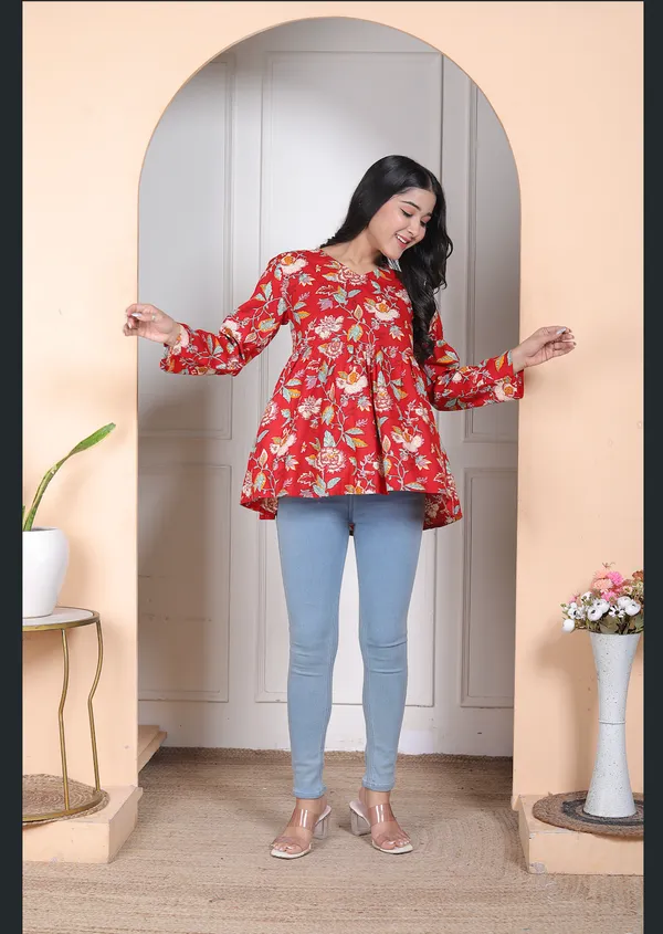 Beautiful_Trendy_V_Neck_Red_Top_Cotton_Kurti