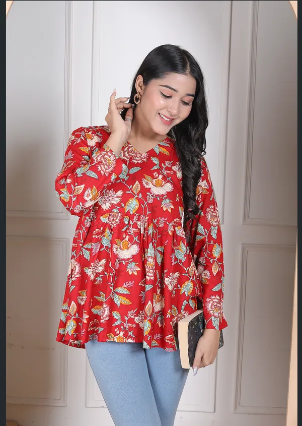 Beautiful_Trendy_V_Neck_Red_Top_Cotton_Kurti