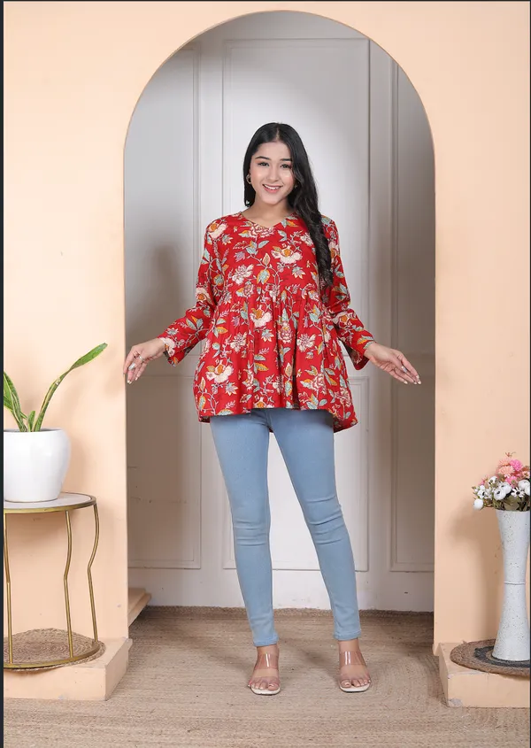 Beautiful_Trendy_V_Neck_Red_Top_Cotton_Kurti