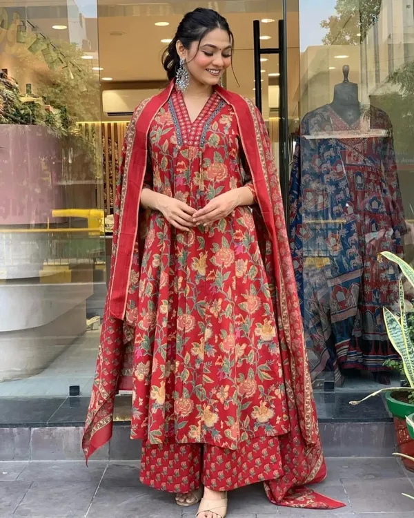 Sunshine_And_Blossoms_Ethnic_Redefined_Anarkali_Printed_Kurta_Palazzo_Dupatta_Set_Cotton_Kurti