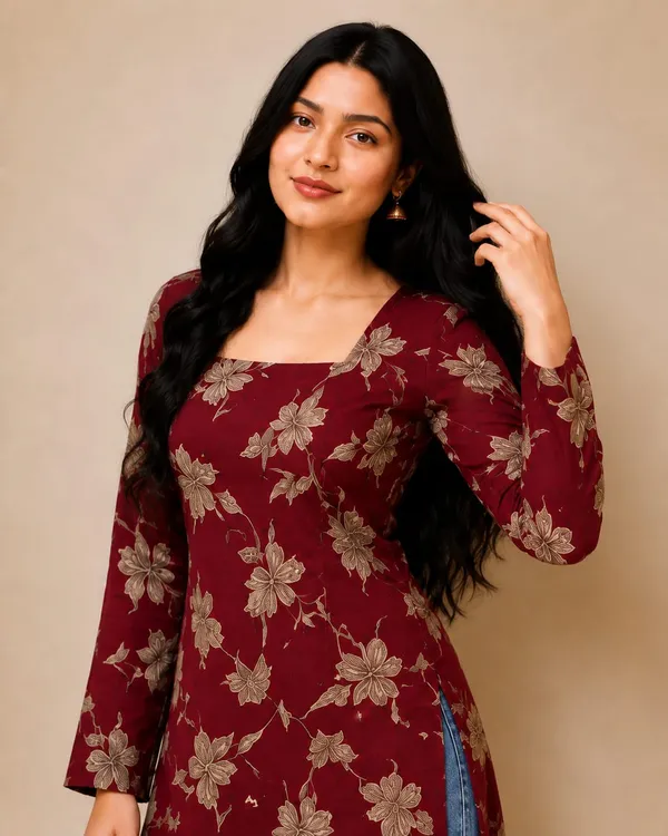 Bibhatsu_Apparels_Women's_Maroon_Floral_Printed_Straight_Kurti_Square_Neck_Casual_Office_Wear_Cotton_Kurti