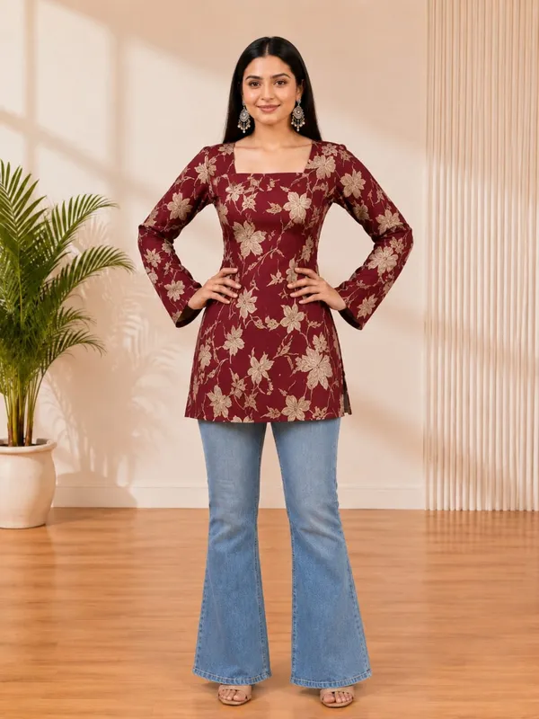 Bibhatsu_Apparels_Women's_Maroon_Floral_Printed_Straight_Kurti_Square_Neck_Casual_Office_Wear_Cotton_Kurti
