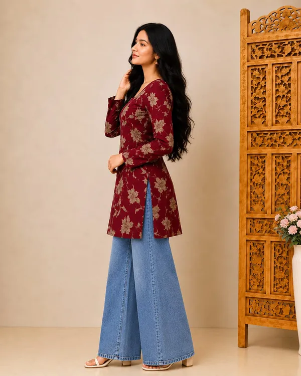 Bibhatsu_Apparels_Women's_Maroon_Floral_Printed_Straight_Kurti_Square_Neck_Casual_Office_Wear_Cotton_Kurti