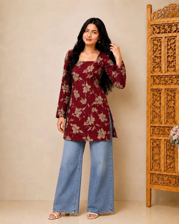 Bibhatsu_Apparels_Women's_Maroon_Floral_Printed_Straight_Kurti_Square_Neck_Casual_Office_Wear_Cotton_Kurti