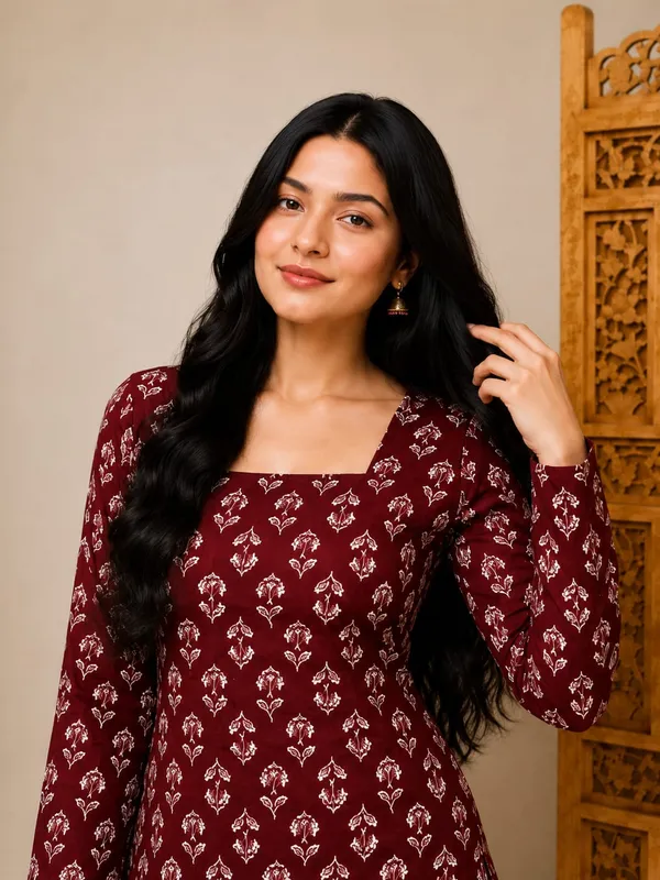 Bibhatsu_Apparels_Women's_Maroon_Printed_Straight_Kurti_Square_Neck_Full_Sleeves_Casual_Office_Wear_Cotton_Kurti