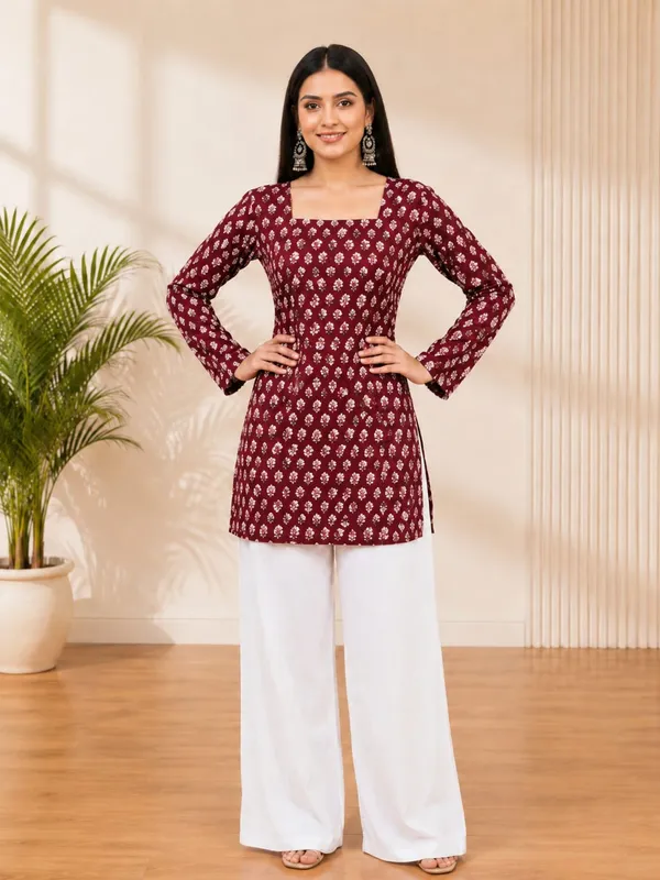 Bibhatsu_Apparels_Women's_Maroon_Printed_Straight_Kurti_Square_Neck_Full_Sleeves_Casual_Office_Wear_Cotton_Kurti