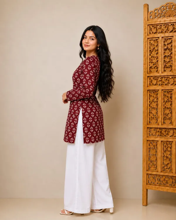 Bibhatsu_Apparels_Women's_Maroon_Printed_Straight_Kurti_Square_Neck_Full_Sleeves_Casual_Office_Wear_Cotton_Kurti