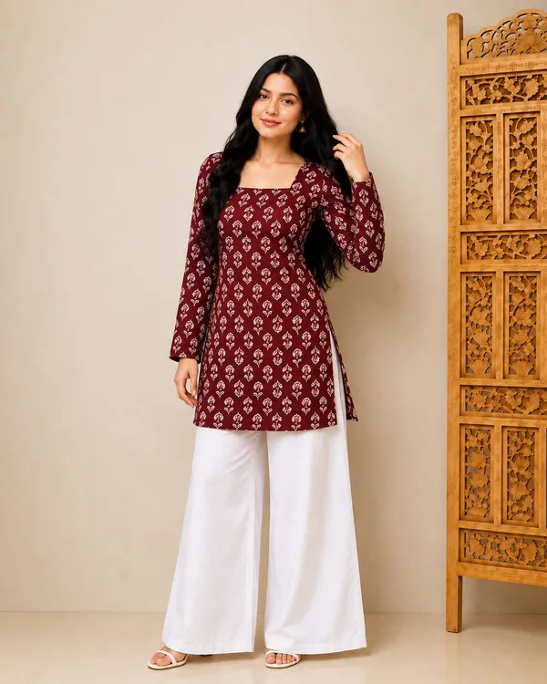 Bibhatsu_Apparels_Women's_Maroon_Printed_Straight_Kurti_Square_Neck_Full_Sleeves_Casual_Office_Wear_Cotton_Kurti