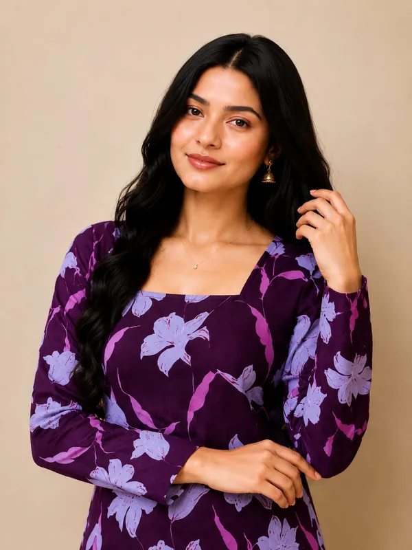 Bibhatsu_Apparels_Women's_Purple_Floral_Printed_Straightcotton_Kurti_Square_Neck_Bell_Sleeves