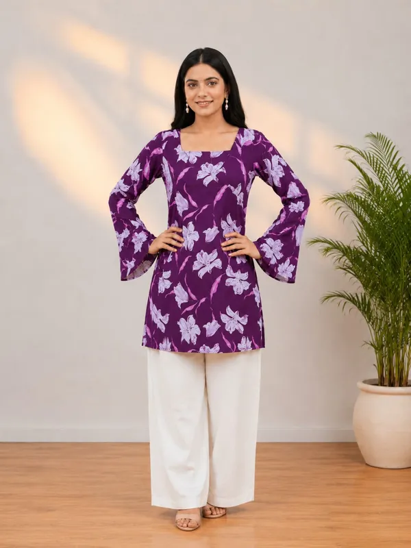 Bibhatsu_Apparels_Women's_Purple_Floral_Printed_Straightcotton_Kurti_Square_Neck_Bell_Sleeves