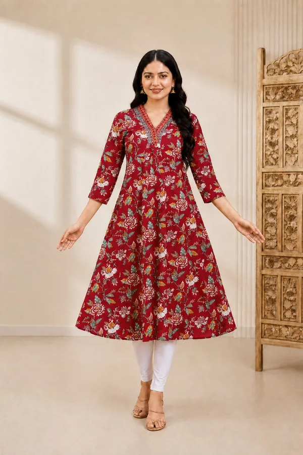 Bibhatsu_Apparels_Women's_Red_Floral_Printed_Anarkali_Cotton_Kurti_V_Neck_Flared_Fit