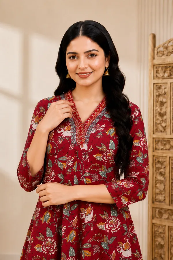 Bibhatsu_Apparels_Women's_Red_Floral_Printed_Anarkali_Cotton_Kurti_V_Neck_Flared_Fit