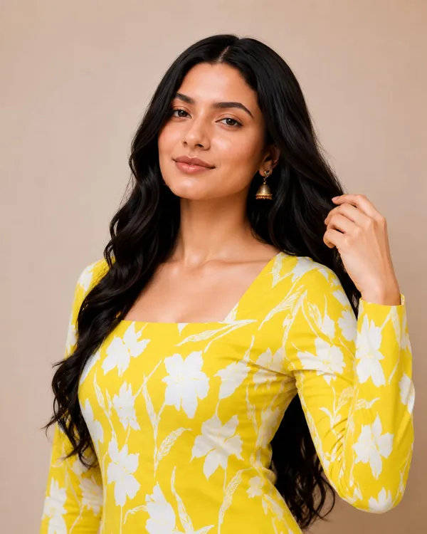 Bibhatsu_Women's_Yellow_Floral_Printed_Square_Neck_Cotton_Kurti