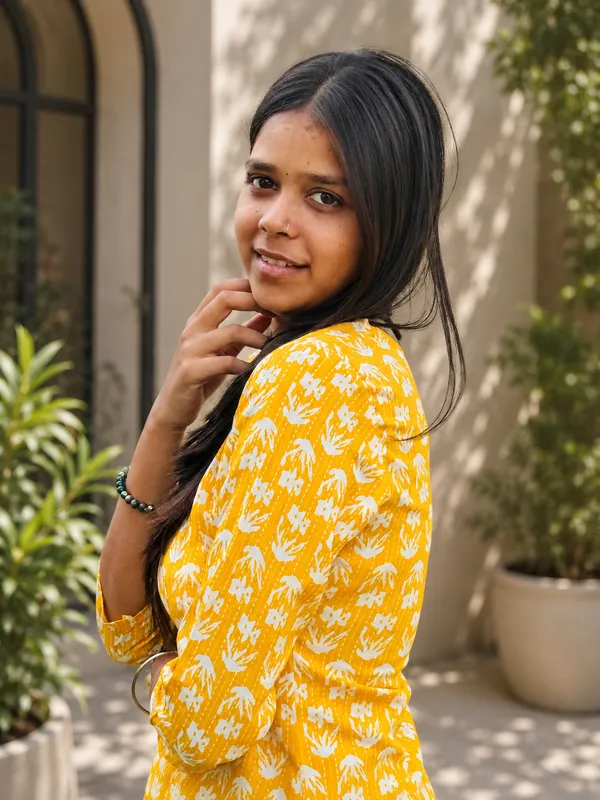 Bibhatsu_Women's_Mustard_Yellow_Printed_Top_Round_Neck_3_4_Sleeve_Casual_Wear_Cotton_Kurti