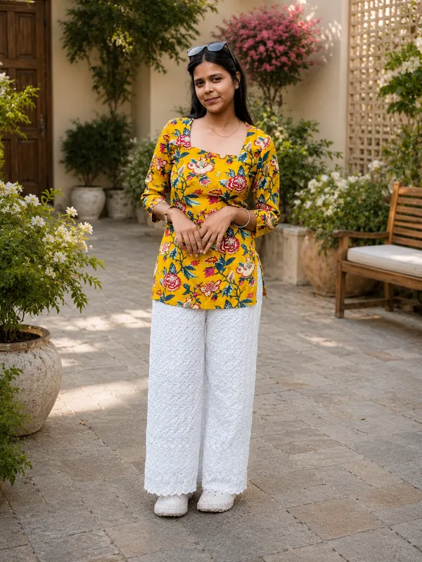 Bibhatsu_Women's_Mustard_Yellow_Floral_Printed_Top_V_Neck_3_4_Sleeve_Casual_Wear_Cotton_Kurti
