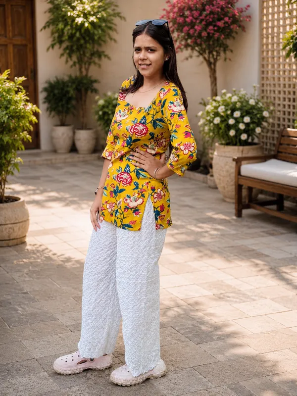 Bibhatsu_Women's_Mustard_Yellow_Floral_Printed_Top_V_Neck_3_4_Sleeve_Casual_Wear_Cotton_Kurti