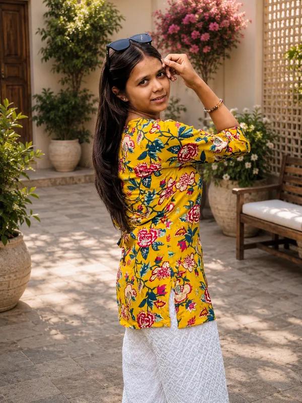 Bibhatsu_Women's_Mustard_Yellow_Floral_Printed_Top_V_Neck_3_4_Sleeve_Casual_Wear_Cotton_Kurti