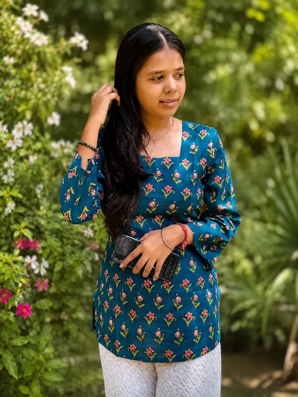 Bibhatsu_Women's_Teal_Blue_Floral_Printed_Kurti_Square_Neck_Full_Sleeve_Casual_Wear_Cotton_Kurti