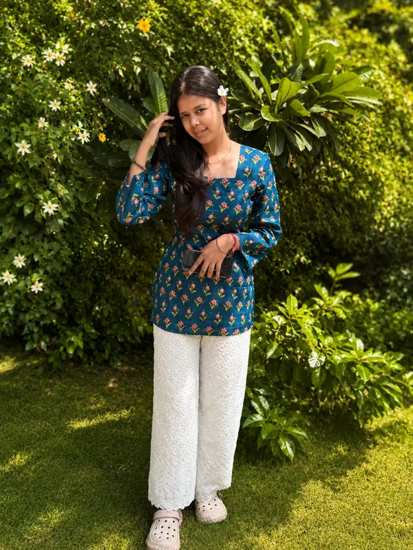 Bibhatsu_Women's_Teal_Blue_Floral_Printed_Kurti_Square_Neck_Full_Sleeve_Casual_Wear_Cotton_Kurti