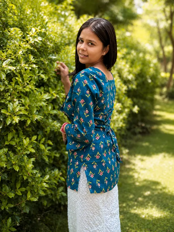 Bibhatsu_Women's_Teal_Blue_Floral_Printed_Kurti_Square_Neck_Full_Sleeve_Casual_Wear_Cotton_Kurti