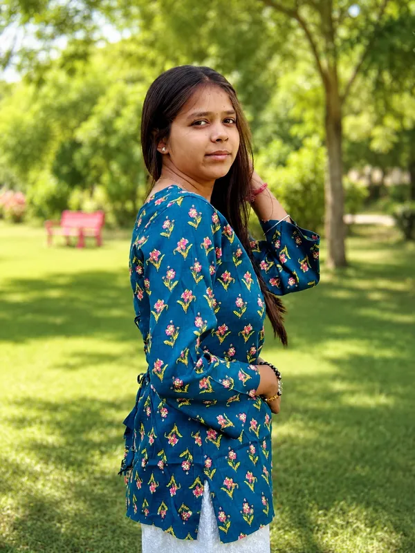 Bibhatsu_Women's_Teal_Blue_Floral_Printed_Kurti_Square_Neck_Full_Sleeve_Casual_Wear_Cotton_Kurti