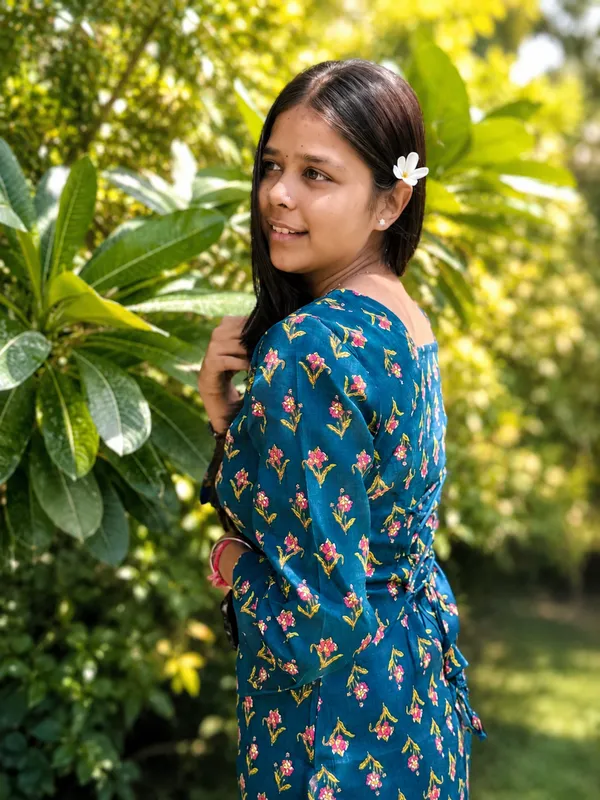 Bibhatsu_Women's_Teal_Blue_Floral_Printed_Kurti_Square_Neck_Full_Sleeve_Casual_Wear_Cotton_Kurti