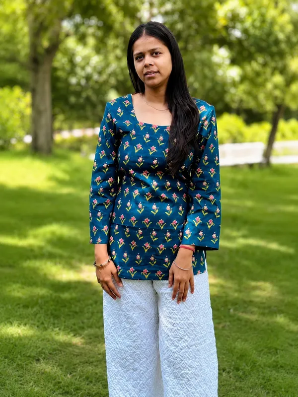 Bibhatsu_Women's_Teal_Blue_Floral_Printed_Kurti_Square_Neck_Full_Sleeve_Casual_Wear_Cotton_Kurti