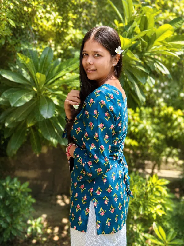 Bibhatsu_Women's_Teal_Blue_Floral_Printed_Kurti_Square_Neck_Full_Sleeve_Casual_Wear_Cotton_Kurti