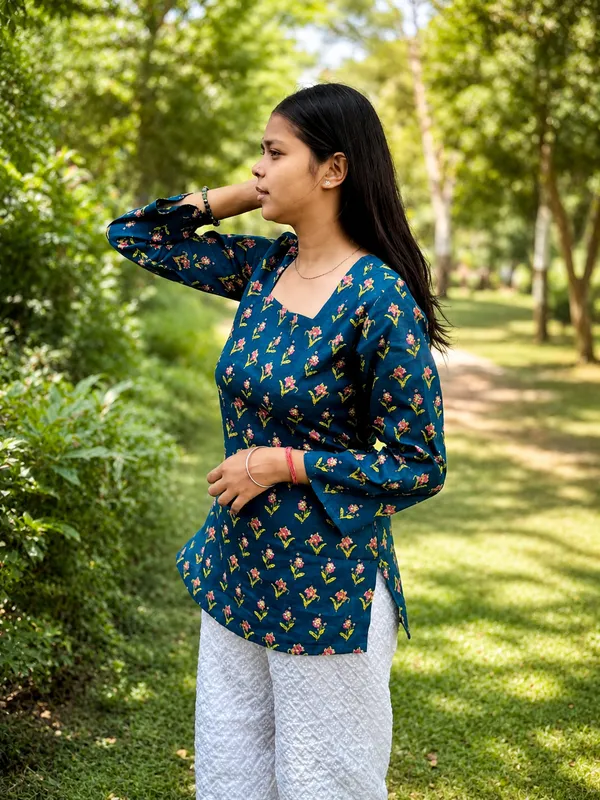 Bibhatsu_Women's_Teal_Blue_Floral_Printed_Kurti_Square_Neck_Full_Sleeve_Casual_Wear_Cotton_Kurti